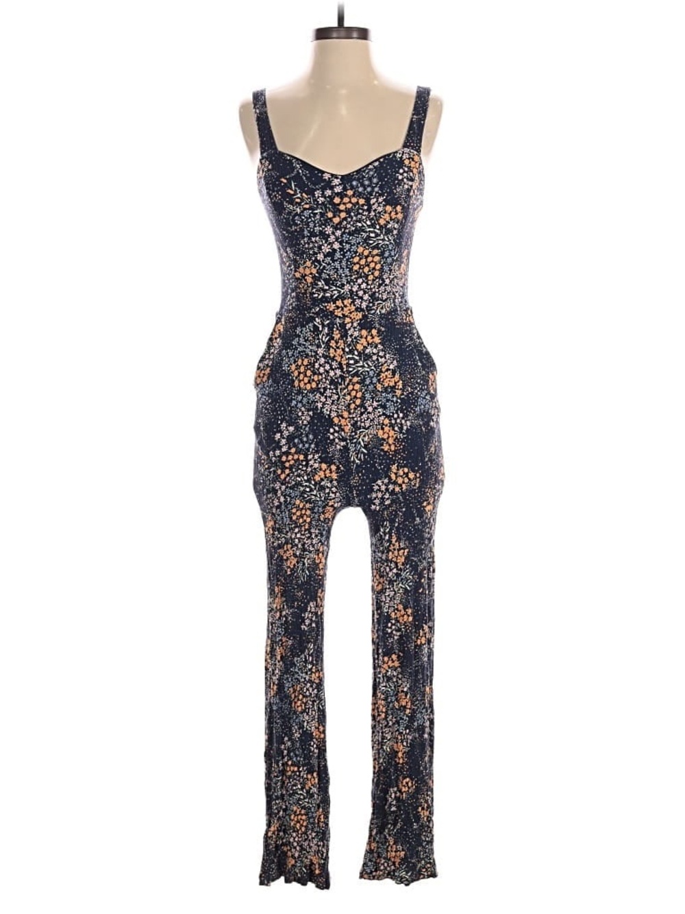 Market & Spruce Navy Floral-Strappy Jumpsuit with Floral Accents